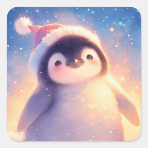 Adesivo Quadrado Bebê Pinguim Fofo Vestindo Chapéu Vermelho de Papa