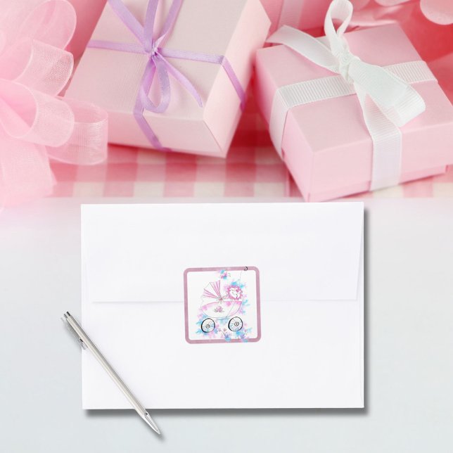 Adesivo Quadrado Bebê Rosa Água Mais Fofo Em Carrinho de Bebê Aquar (Criador carregado)