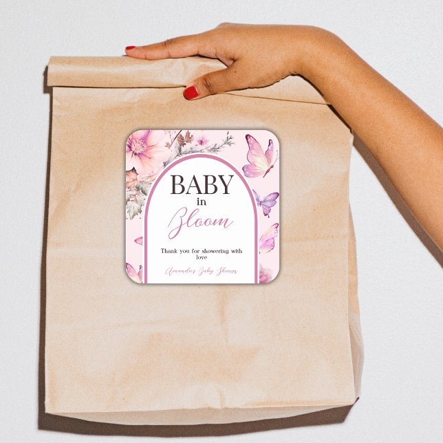 Adesivo Quadrado Bebê rosa borboleta em Chá de fraldas Blogueiro (Criador carregado)