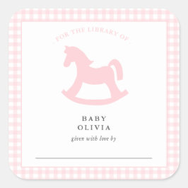 Adesivo Quadrado Bebê rosa Gingham para a biblioteca Bookplate