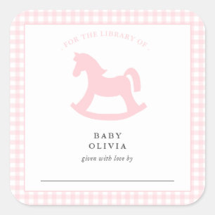 Adesivo Quadrado Bebê rosa Gingham para a biblioteca Bookplate