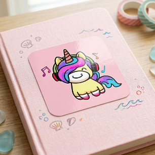 Adesivo Quadrado Bebê Unicórnio Kawaii Feliz com Fones de Ouvido
