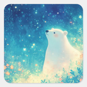 Adesivo Quadrado Bebê Urso Polar Fofo no Jardim Mágico Noturno