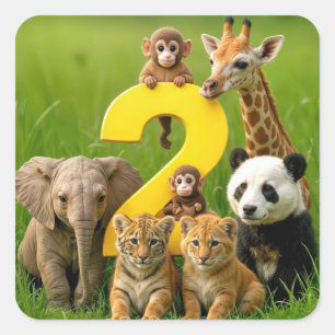 Adesivo Quadrado Bebês Animais Africanos Com um Grande Número Dois