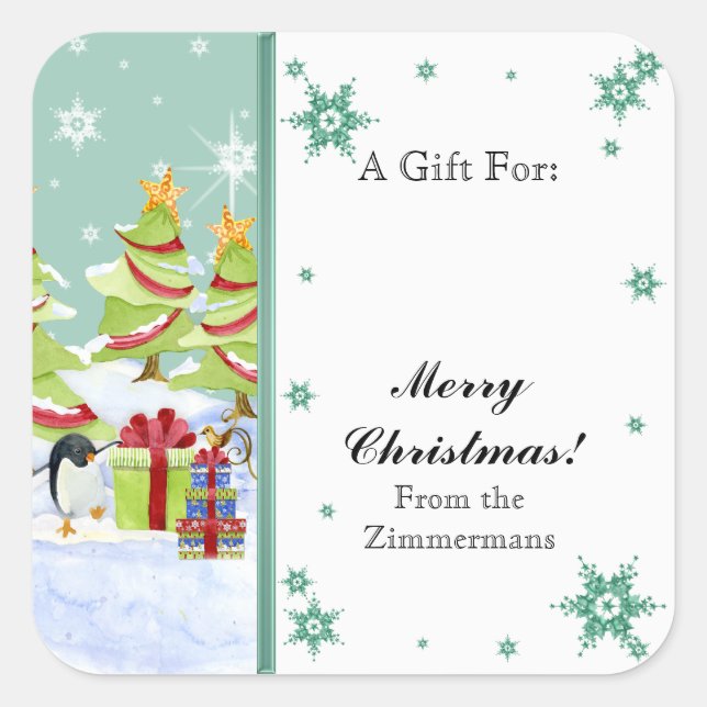 Adesivo Quadrado Bebês de Pinguim Cugado Inverno em Estrela de Neve (Frente)