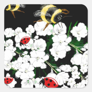 Adesivo Quadrado Bebês-frade e flores brancas em preto