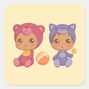 Adesivo Quadrado Bebês Gêmeos Beam Traje de Gato 3 Amarelo