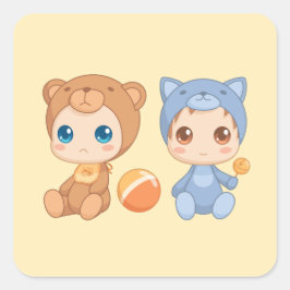 Adesivo Quadrado Bebês gêmeos ursos macacão amarelo 2
