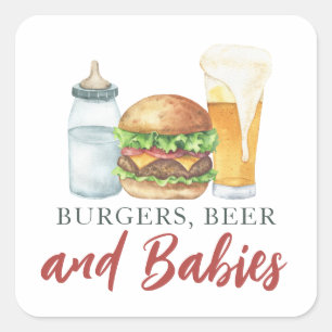 Adesivo Quadrado Bebês, Hambúrgueres e Cerveja Chá de Bebê