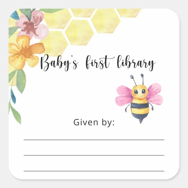 Adesivo Quadrado Bee Baby Shower bookplate, books for baby (Frente)