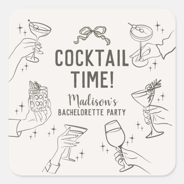 Adesivo Quadrado Beige Cocktail Party Bachelorette Envelope Favor (Frente)