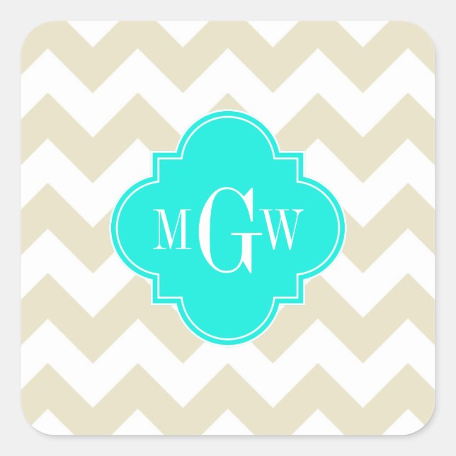Adesivo Quadrado Beige White Chevron Aqua Quatrefoil 3 Monograma (Frente)