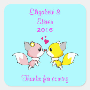 Adesivo Quadrado Beijando as raposas que Wedding FavorThank você