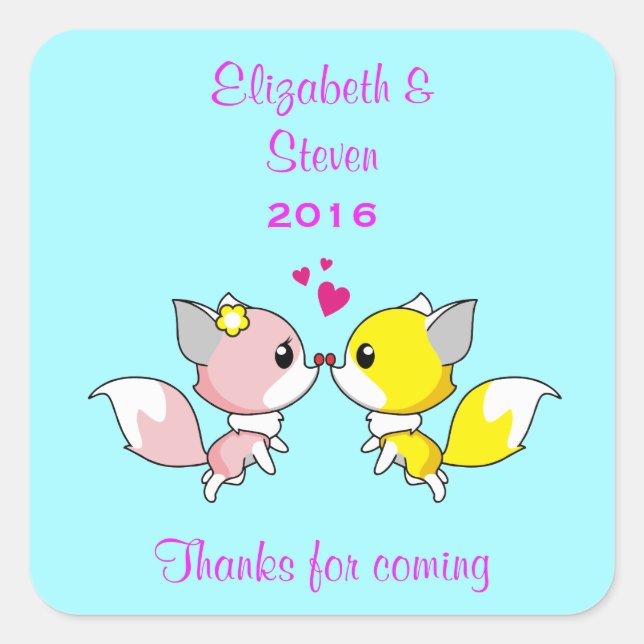 Adesivo Quadrado Beijar Raposas Favor de CasamentoObrigado (Frente)