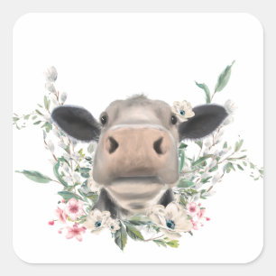 Adesivo Quadrado beijo de nariz de vaca flores aquarela cinza anima