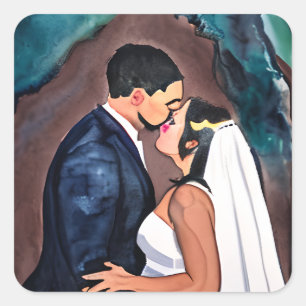 Adesivo Quadrado Beijo de Noiva e Noivo no Casamento