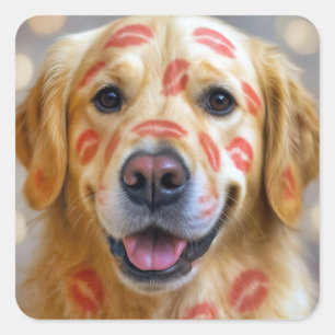 Adesivo Quadrado Beijos de Batom Vermelho em um Golden Retriever