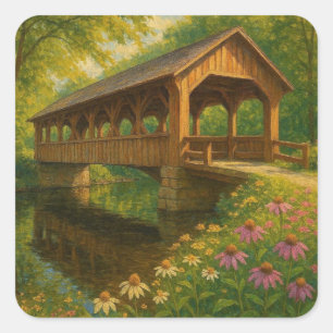 Adesivo Quadrado Bela arte de ponte coberta de verão
