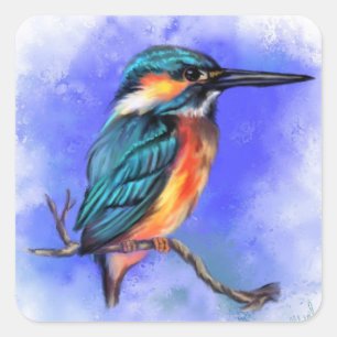 Adesivo Quadrado Bela Ave Kingfisher - Arte de Aquarela