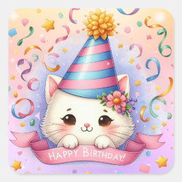 Adesivo Quadrado Bela Cartoon Kawaii Kitty Feliz Aniversário