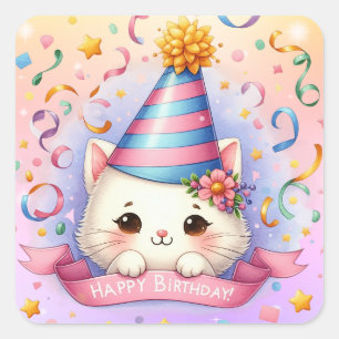 Adesivo Quadrado Bela Cartoon Kawaii Kitty Feliz Aniversário
