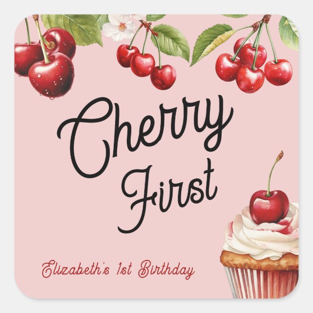 Adesivo Quadrado Bela Cereja Primeiro 1rua, Menina, Rosa (Frente)
