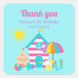 Adesivo Quadrado Bela Diversão Crianças Praia Aniversário de Verão