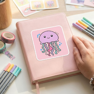 Adesivo Quadrado Bela e sorridente Kawaii Bebê Água-Viva com Bolhas
