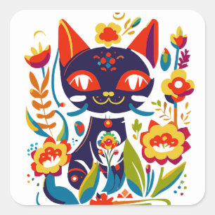 Adesivo Quadrado Bela Ilustração Floral de Arte Popular com Gato Pr