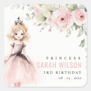 Adesivo Quadrado Bela princesa rosa Rosa Floral Aniversário