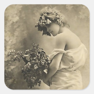 Adesivo Quadrado Bela senhora vitoriana com flores cortadas