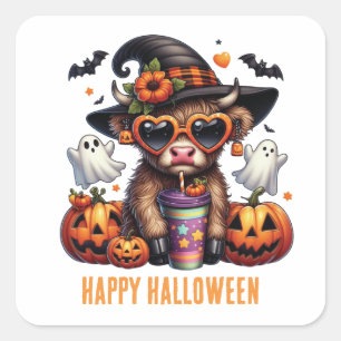 Adesivo Quadrado Bela Vaca das Terras Altas de Halloween Personaliz
