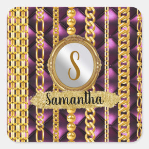 Adesivo Quadrado Bela Veludo Roxo Dourado Monograma Chic Elegante