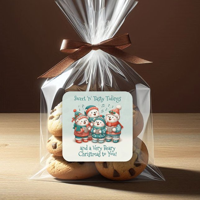 Adesivo Quadrado Belas Ursos Polares Bonitas Têm um Natal Muito Bea (Cute Polar Bears Sing Have a Very Beary Christmas Square Sticker Cover Photo)