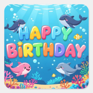 Adesivo Quadrado Belo Aniversário de marinho golfinho