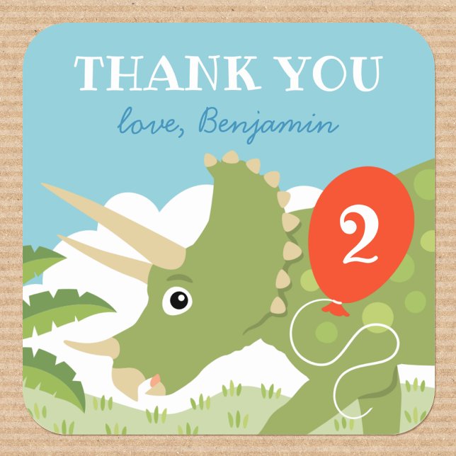 Adesivo Quadrado Belo Aniversário Dinossaur Triceratops Nome Person (Criador carregado)