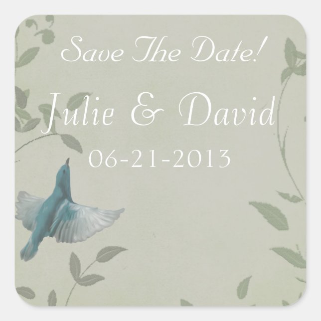 Adesivo Quadrado Belo Casamento De Pássaro Azul Salve A Data (Frente)