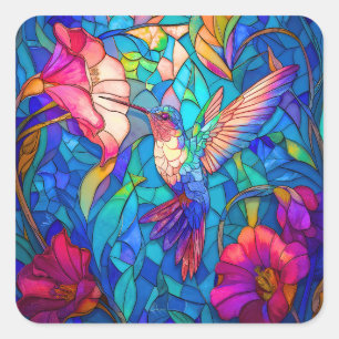 Adesivo Quadrado Belo Jardim da Flor de Humingbird, Vidro Mantido