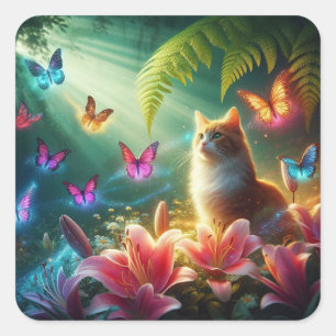 Adesivo Quadrado Belo sonho borboletas e gato