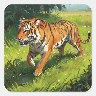 Adesivo Quadrado Belo Tigre Laranja Correndo na Selva