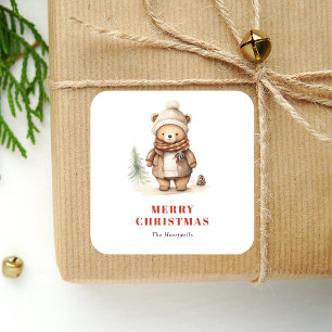 Adesivo Quadrado Belo Urso de Aquarela Feliz Feriado de Natal