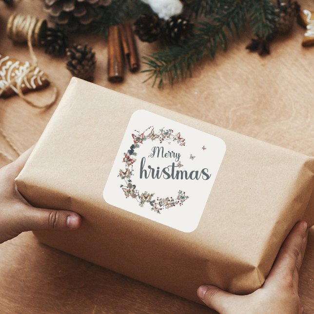 Adesivo Quadrado Belo Vintage Borboletas Feliz Natal (Criador carregado)