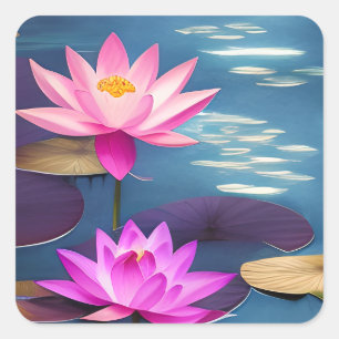Adesivo Quadrado Belos Flores de Lotus Rosa no Luar