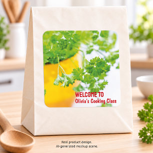 Adesivo Quadrado Bem-vindo à Aula de Culinária de Nome Arte Herb