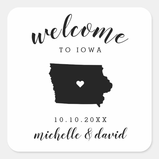 Adesivo Quadrado Bem-vindo a Iowa | Favor personalizado de casament (Frente)