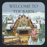 Adesivo Quadrado Bem-vindo ao Barn Sticker Inverno/Natal<br><div class="desc">Adesivo Quadrado de 3" Celeiro de Evergreen Inverno/Natal. Lindo celeiro histórico com vitrais seculares adornando a frente. Decoração para casamentos de inverno e Natal e diversão para amigos e familiares. Búfalo e Yak em pé ao longe. Use a mensagem existente ou personalize o cartão com sua própria mensagem e o...</div>