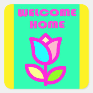 ADESIVO QUADRADO BEM-VINDO AO LAR PURPLE E DESIGN AMARELO