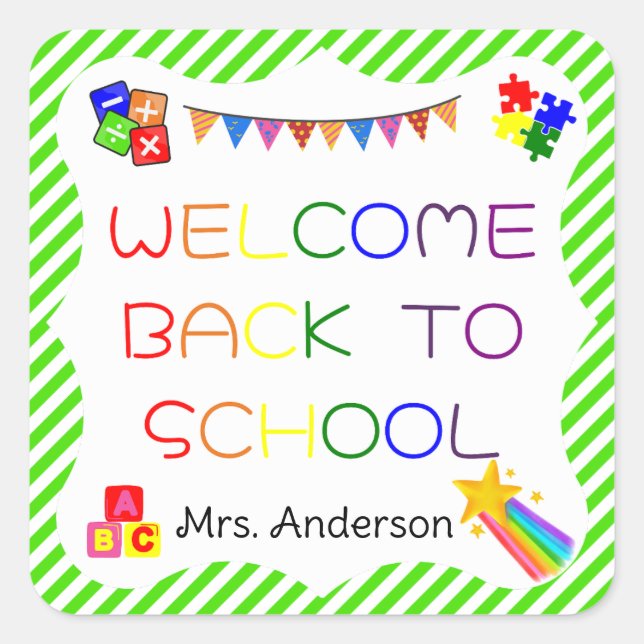 Adesivo Quadrado Bem-vindo de volta à escola no primeiro dia da esc (Frente)