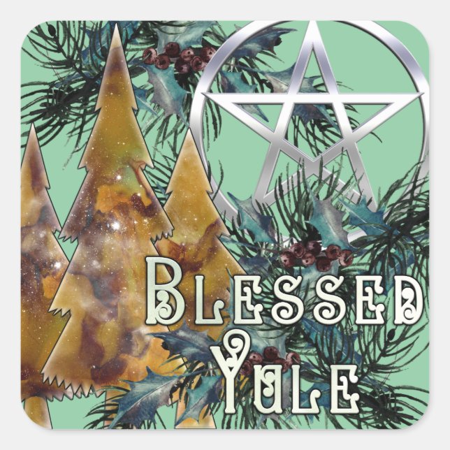 Adesivo Quadrado Bendito Yule Silver Pentacle Holly e Pine (Frente)