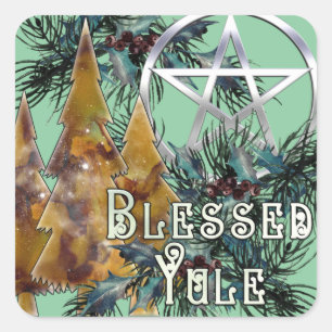 Adesivo Quadrado Bendito Yule Silver Pentacle Holly e Pine